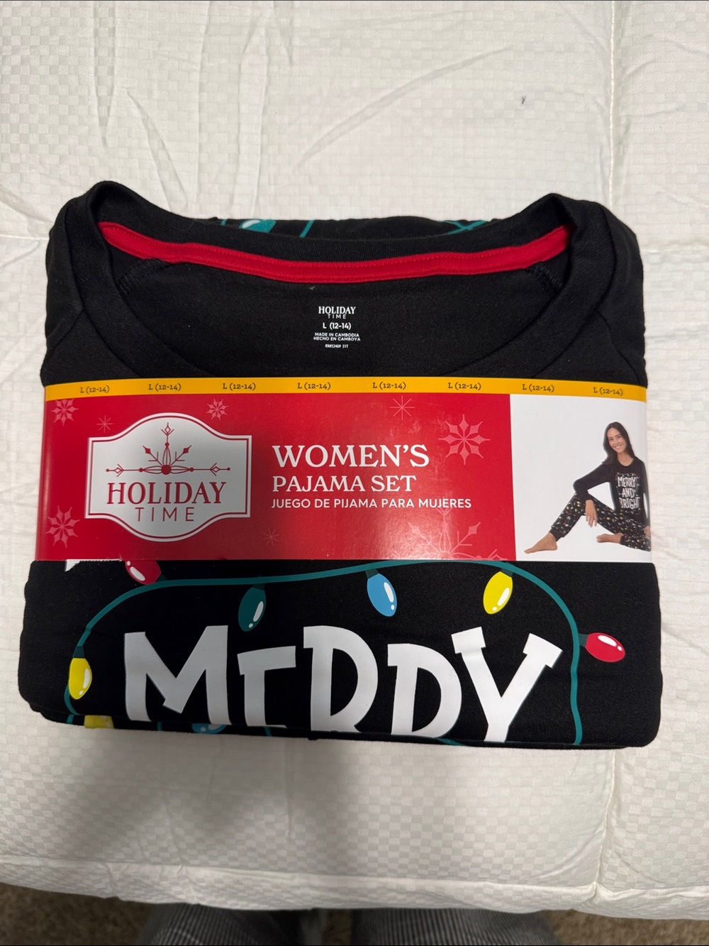 Holiday Time Women’s Black Pajama Set with Colorful Holiday Lights